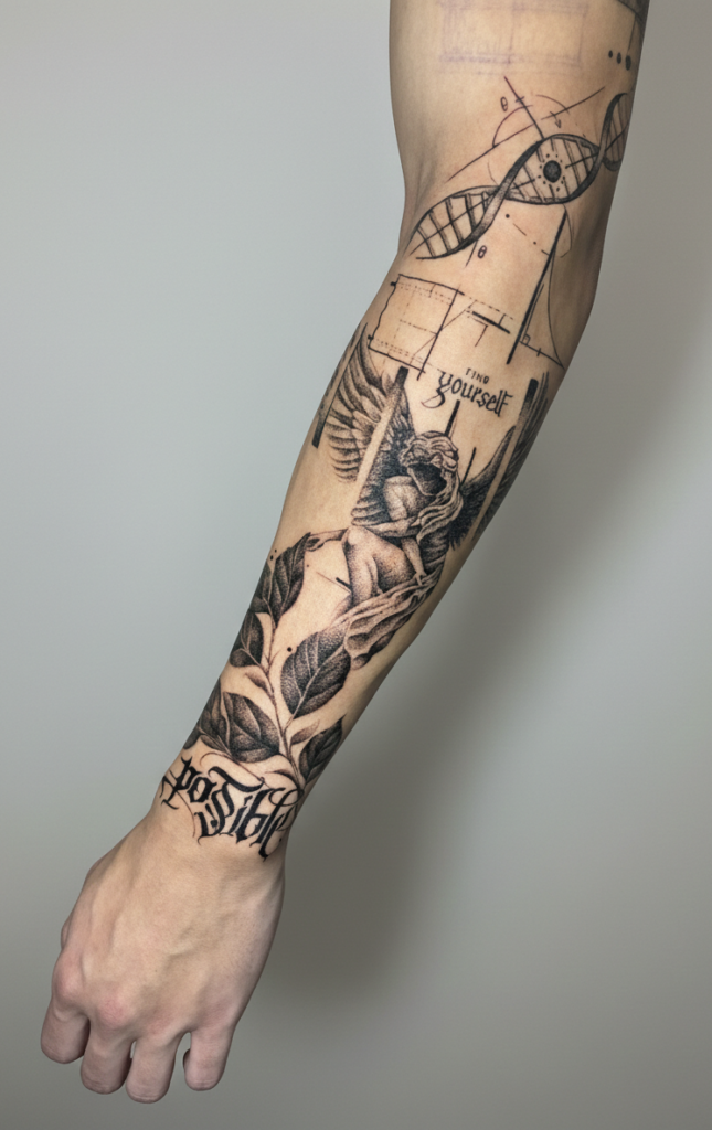 Tatuagem em blackwork e suminagashi