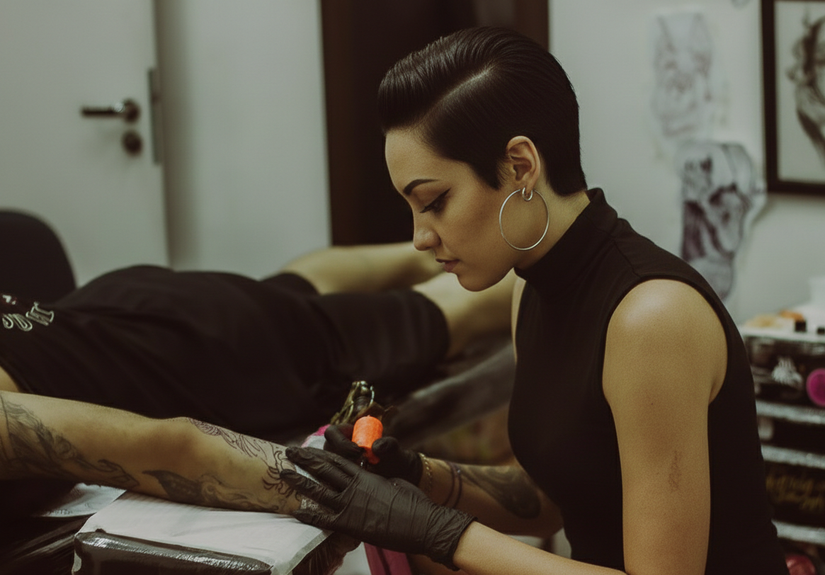 Tatuadora especializada em blackwork e suminagashi